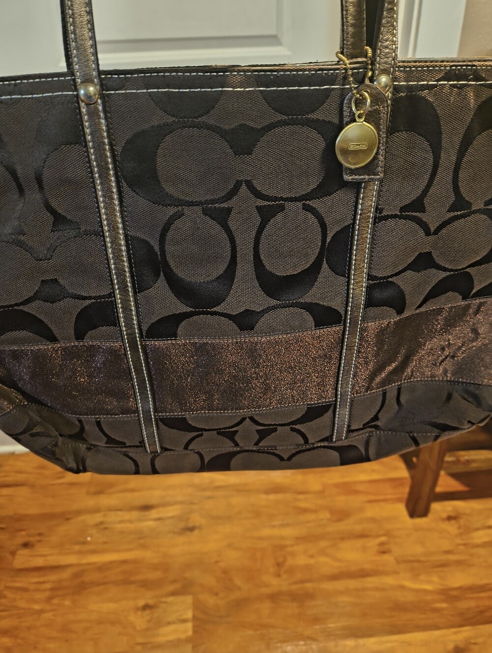 Coach Black Signature Tote with Metallic Trim